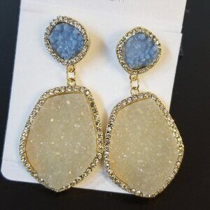 Druzzy Quartz Blue and White stone Gold earrings